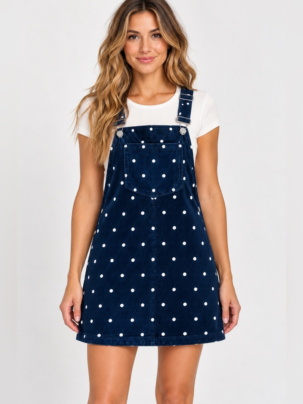 Topshop Navy Polka Dot Corduroy Pinafore Mini Dress Size US 2